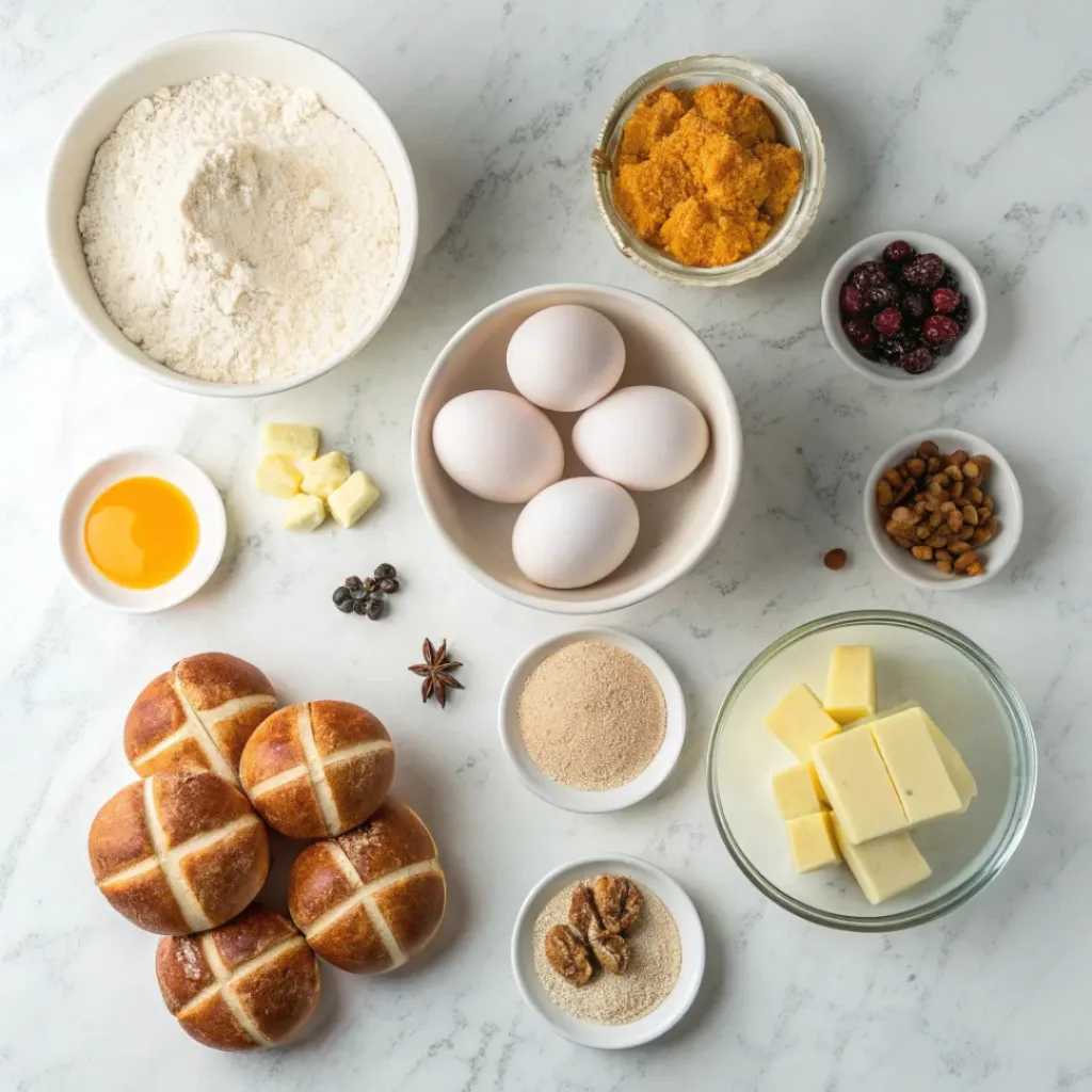 Flat lay of hot cross bun ingredients including flour, yeast, eggs, milk, butter, dried fruits, and spices