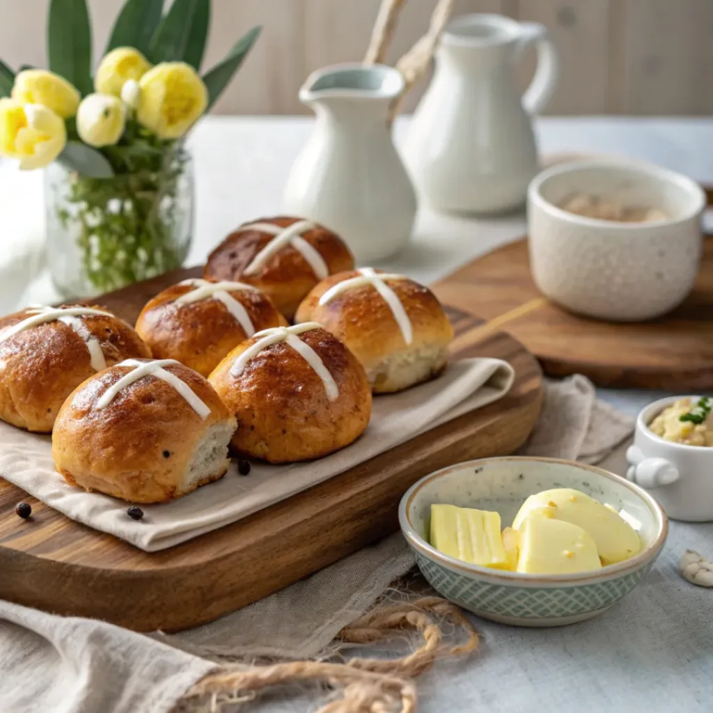 Glazed hot cross buns with icing crosses served on a platter with butter or jam