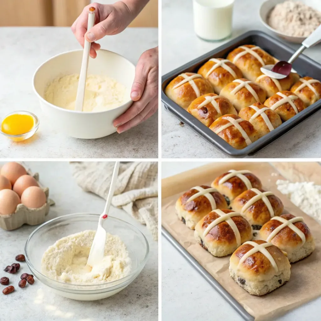 Four-panel collage showing steps to make hot cross buns: activating yeast, kneading dough, shaping buns, and icing finished buns