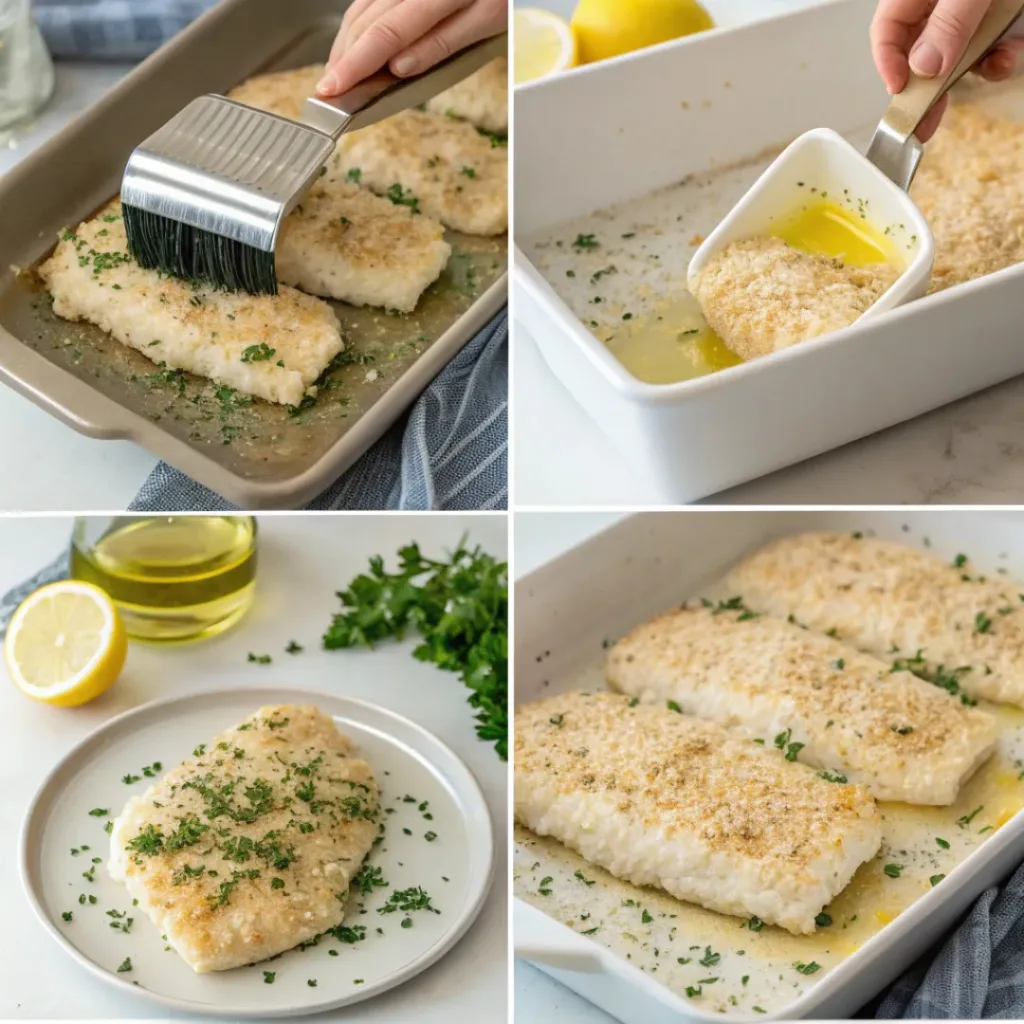 Step-by-step collage showing preparation of baked cod with Parmesan crust