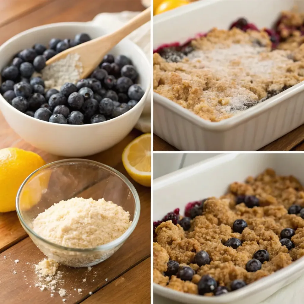 Four step collage showing mixing blueberries, making crumble, assembling, and baking crisp