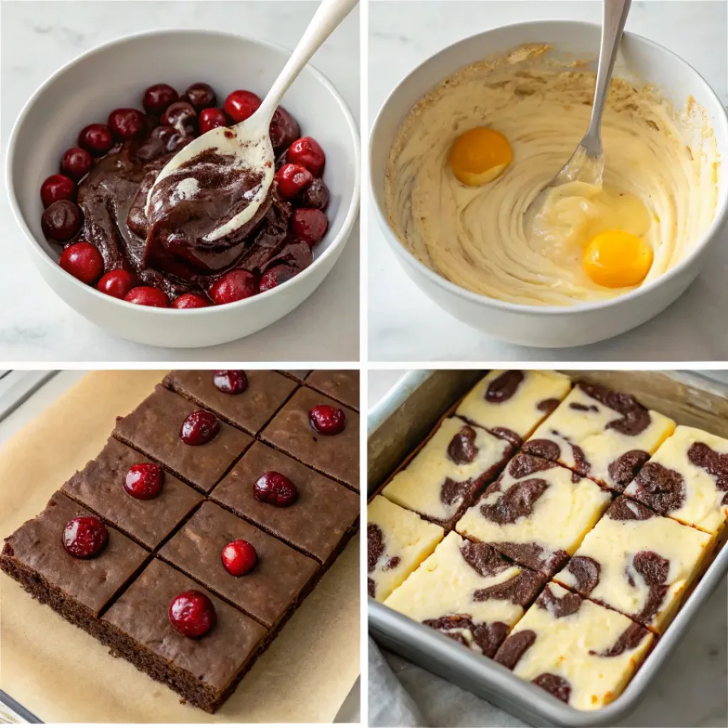 Step-by-step collage showing preparation of cherry cheesecake brownies