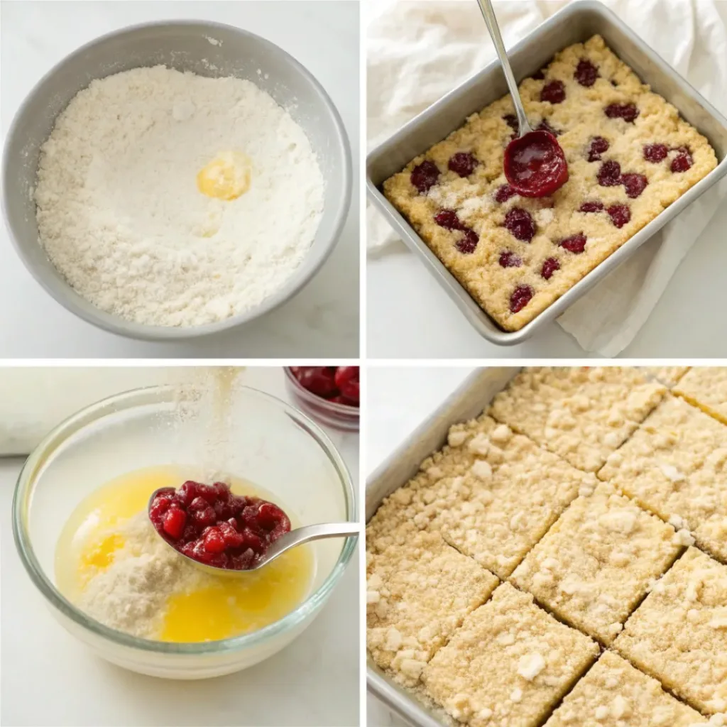 Step-by-step collage showing preparation of cherry crumble bars