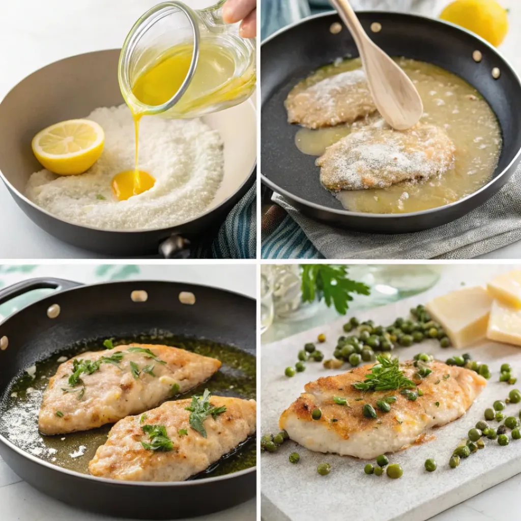 Step-by-step collage of cooking chicken piccata