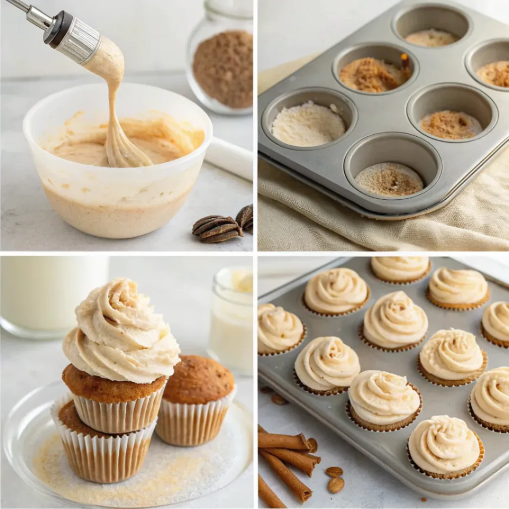 Step-by-step collage showing baking and decorating churro cupcakes