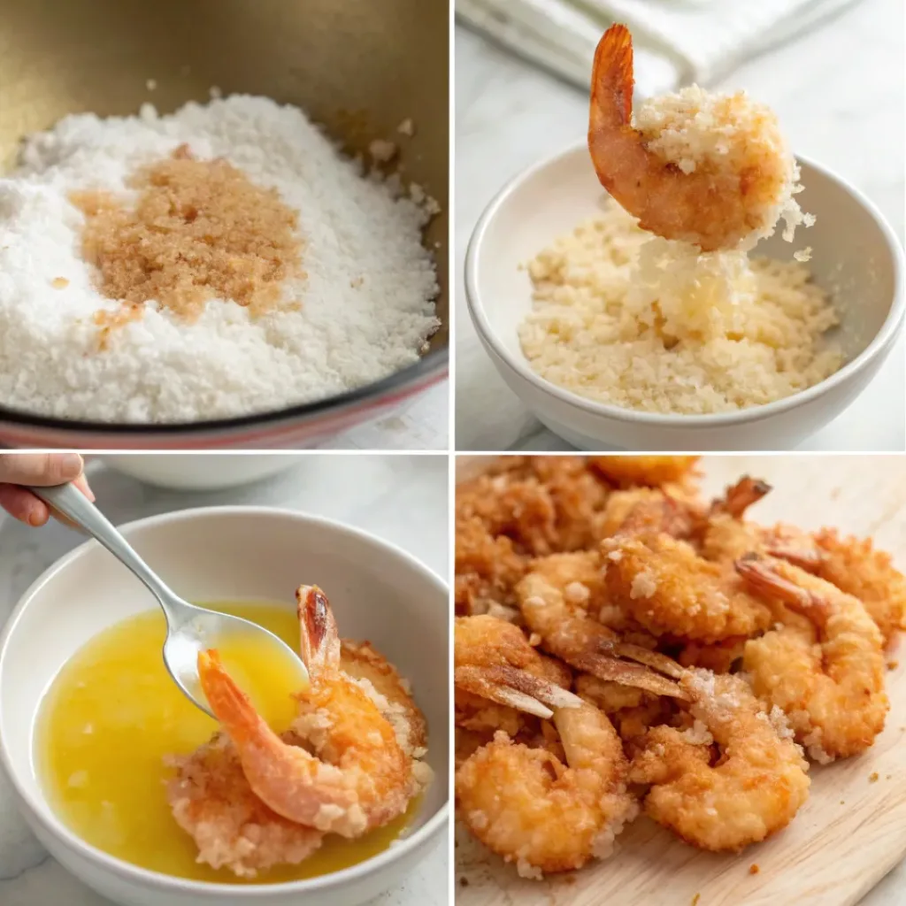 Step-by-step collage showing breading and frying coconut shrimp