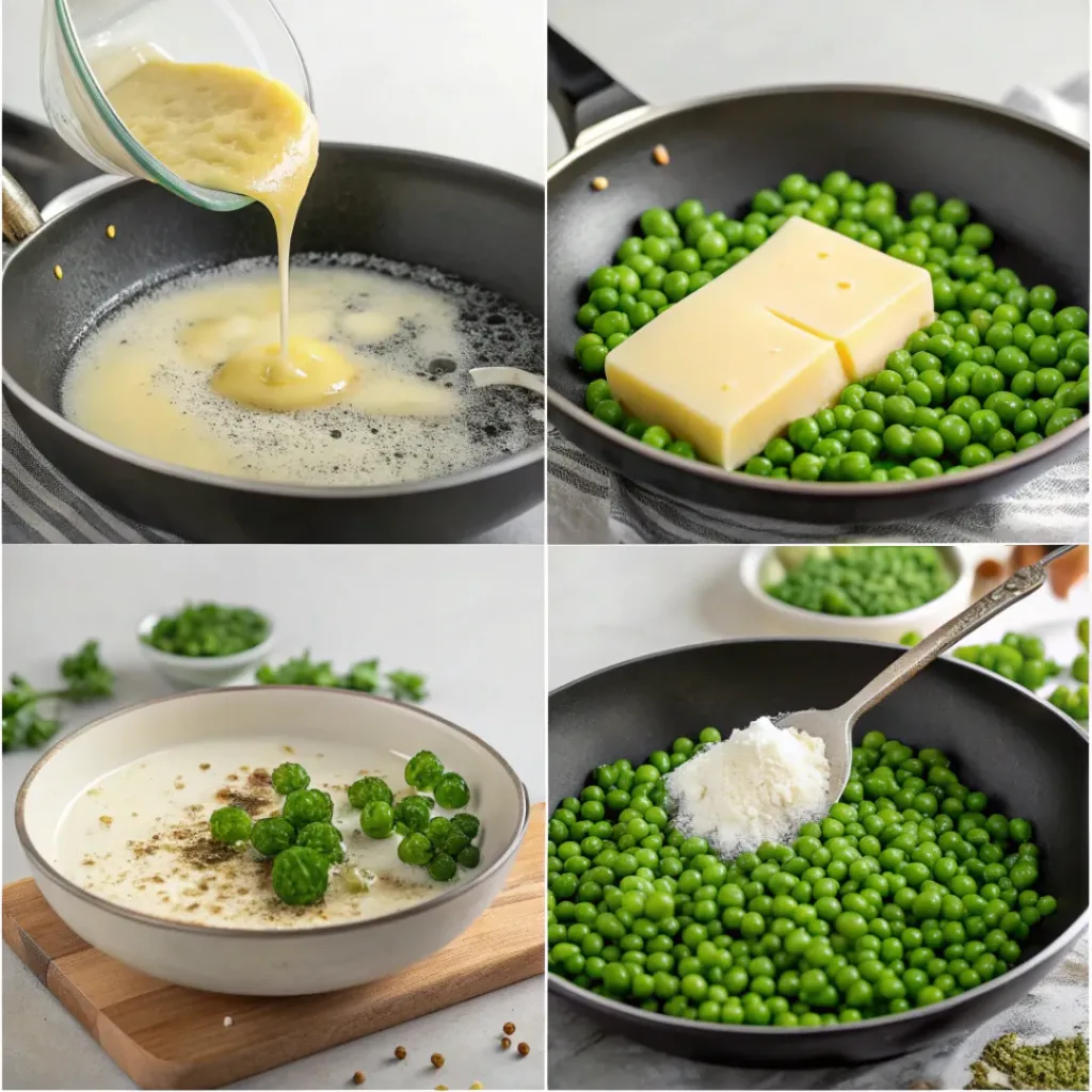 Step-by-step collage showing preparation of creamy butter peas