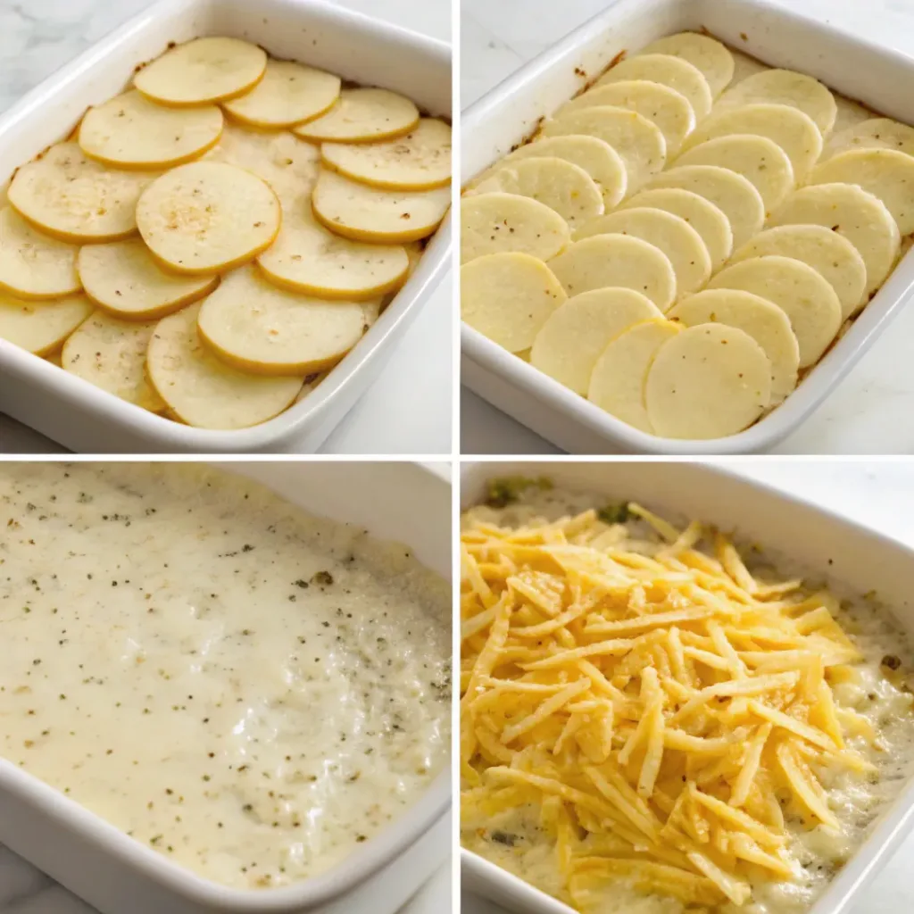 Step-by-step collage showing preparation of creamy potato bake