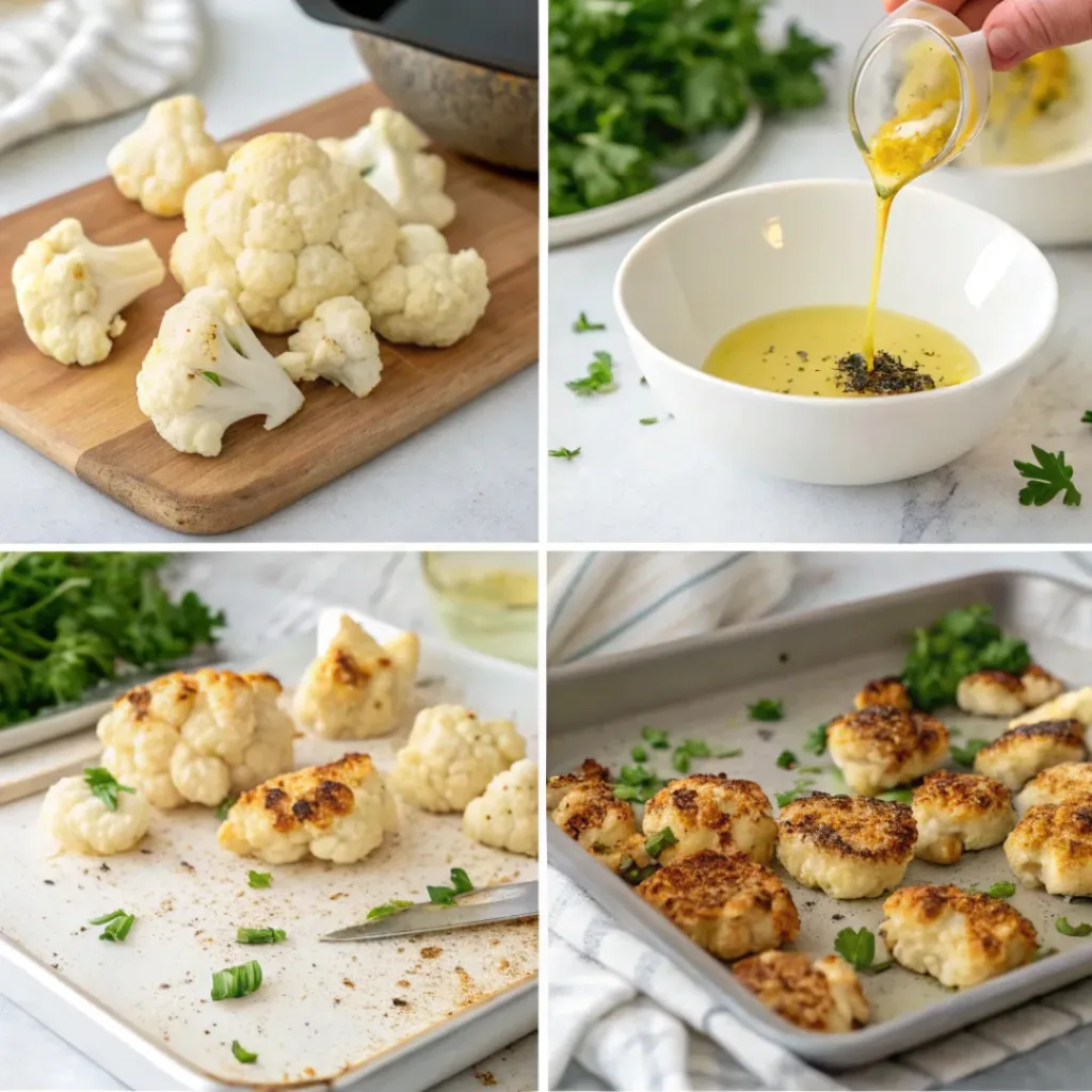 Step by step collage showing preparation of crispy roasted cauliflower
