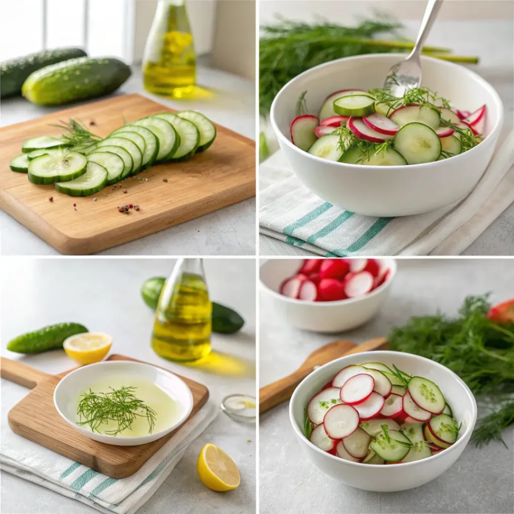 Step by step preparation of cucumber radish salad collage