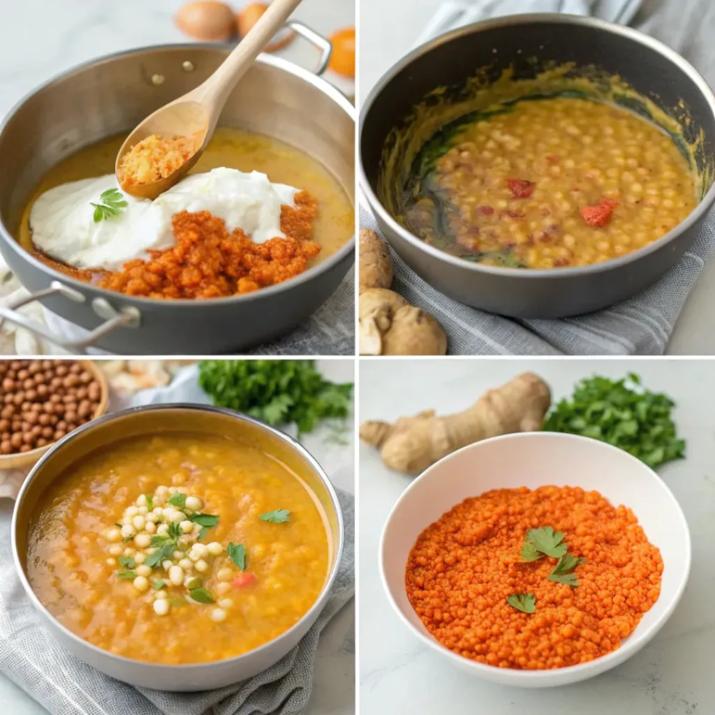 Step-by-step collage showing preparation of curried red lentil soup