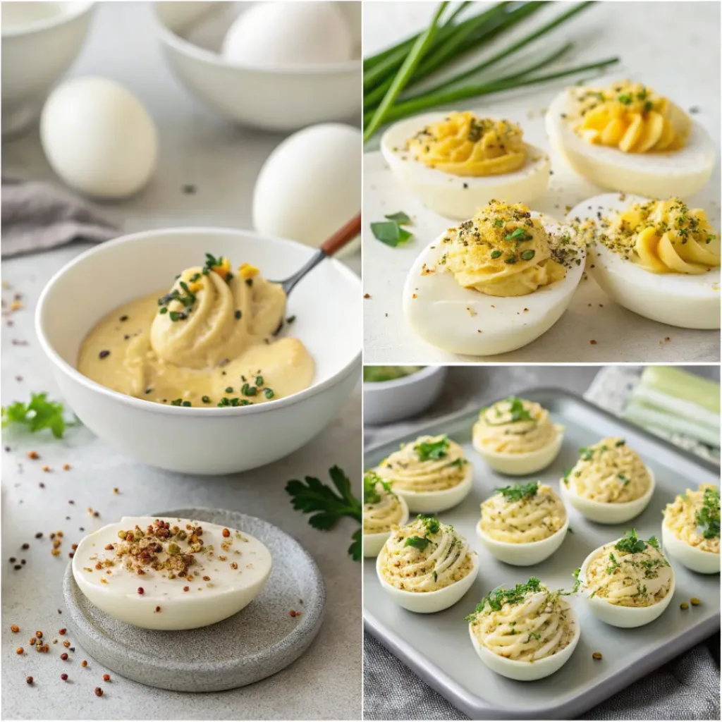 Step-by-step collage showing preparation of everything bagel deviled eggs