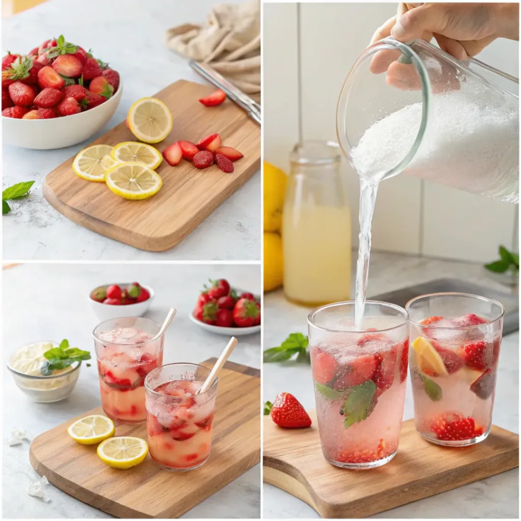 Step-by-step collage showing strawberry lemonade preparation