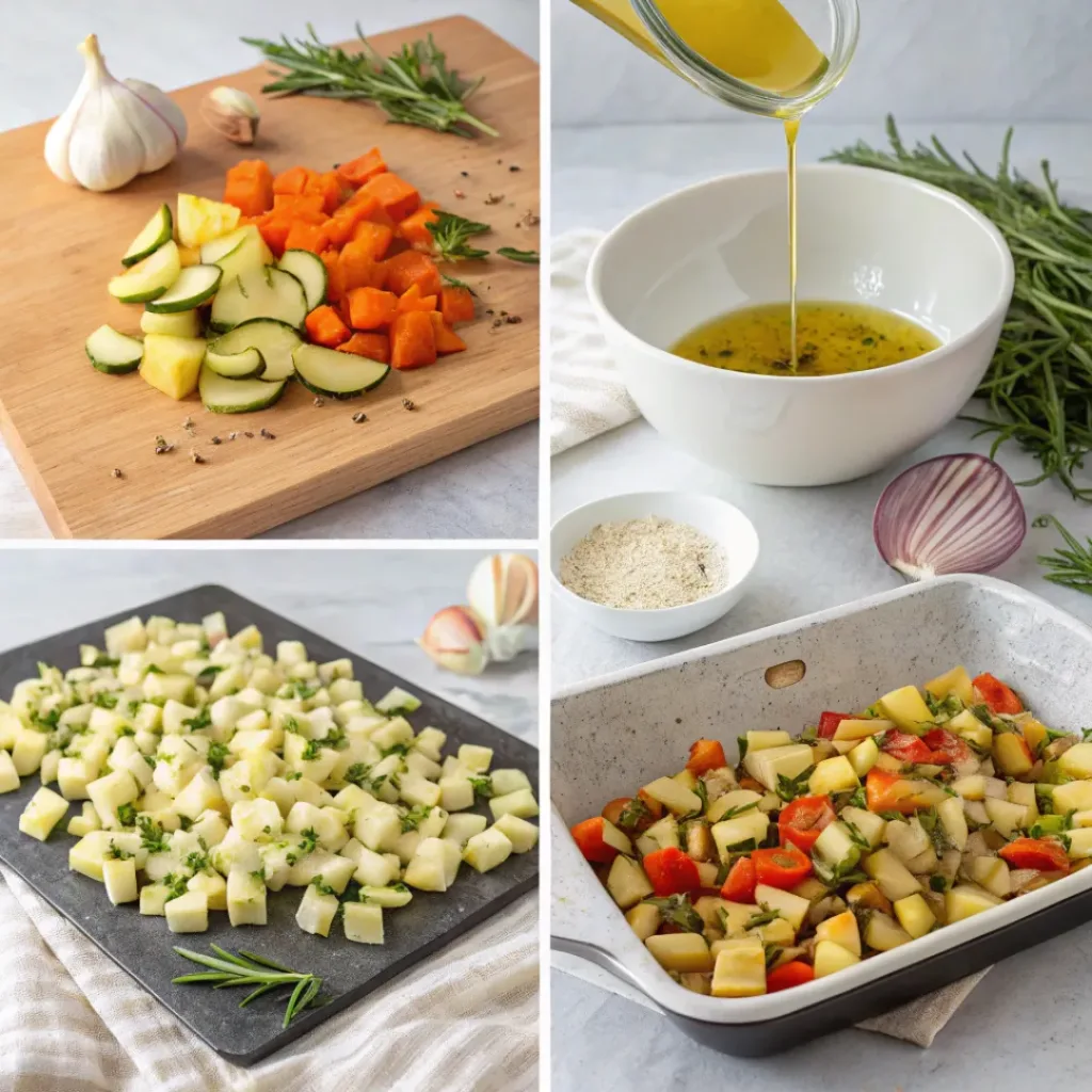 Step by step collage showing roasted vegetables preparation