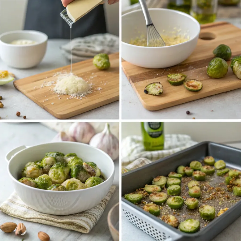 Step by step collage showing preparation of garlic parmesan Brussels sprouts