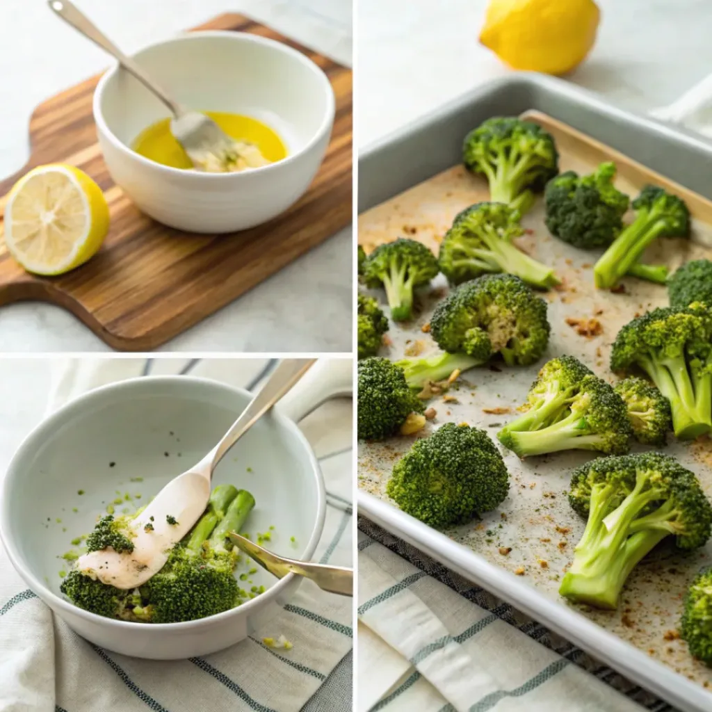 Garlic Roasted Broccoli – Crispy & Flavorful 7 Step-by-step collage showing preparation of garlic roasted broccoli