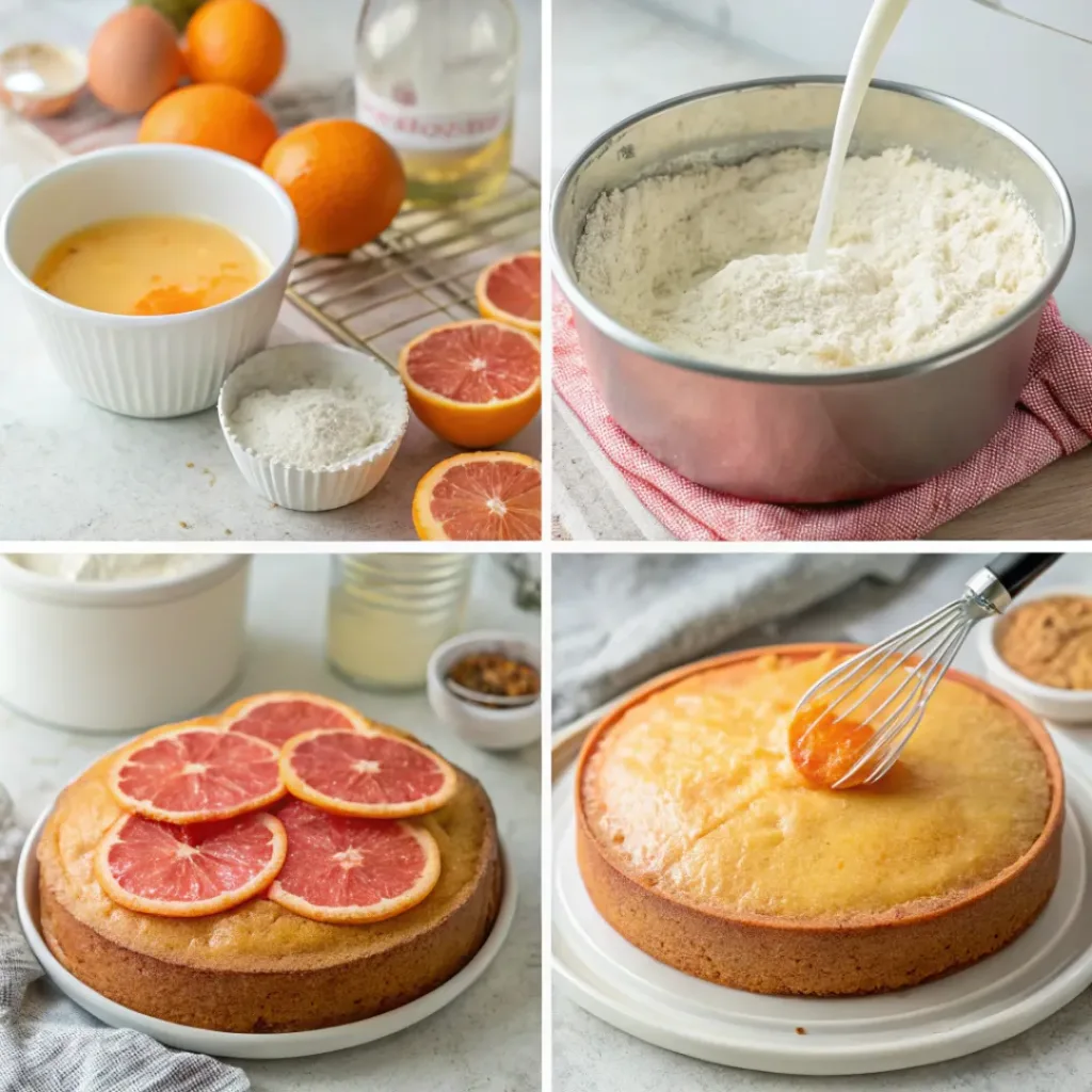 Step-by-step collage showing preparation of grapefruit yogurt cake