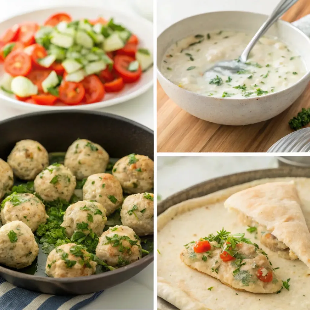 Four step collage showing mixing meatballs, cooking, prepping vegetables, and assembling pitas