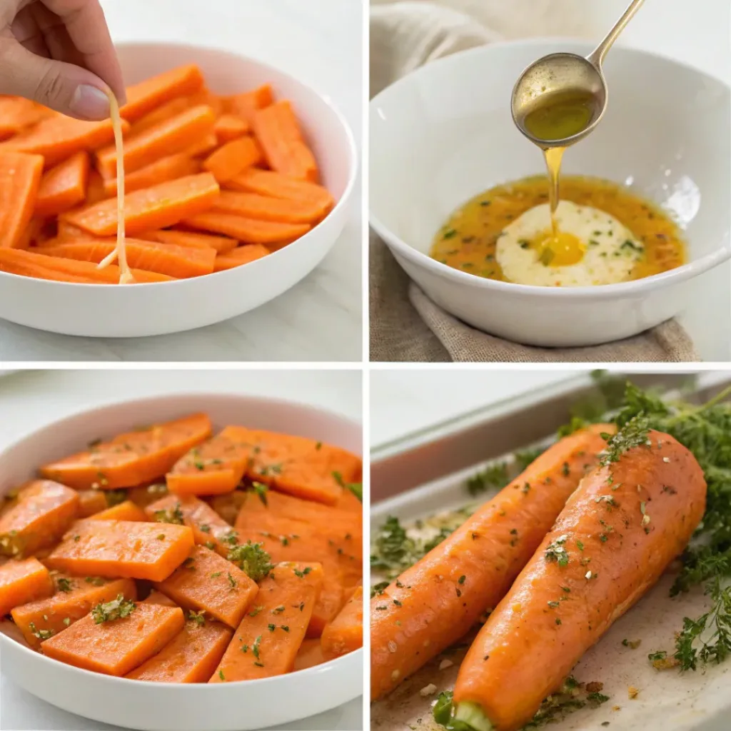 Step-by-step collage showing preparation of honey glazed carrots