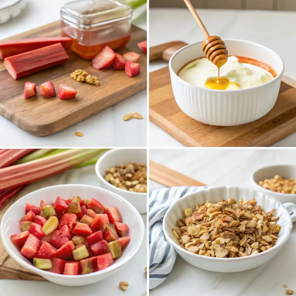 Step-by-step collage showing roasted rhubarb and yogurt bowl assembly