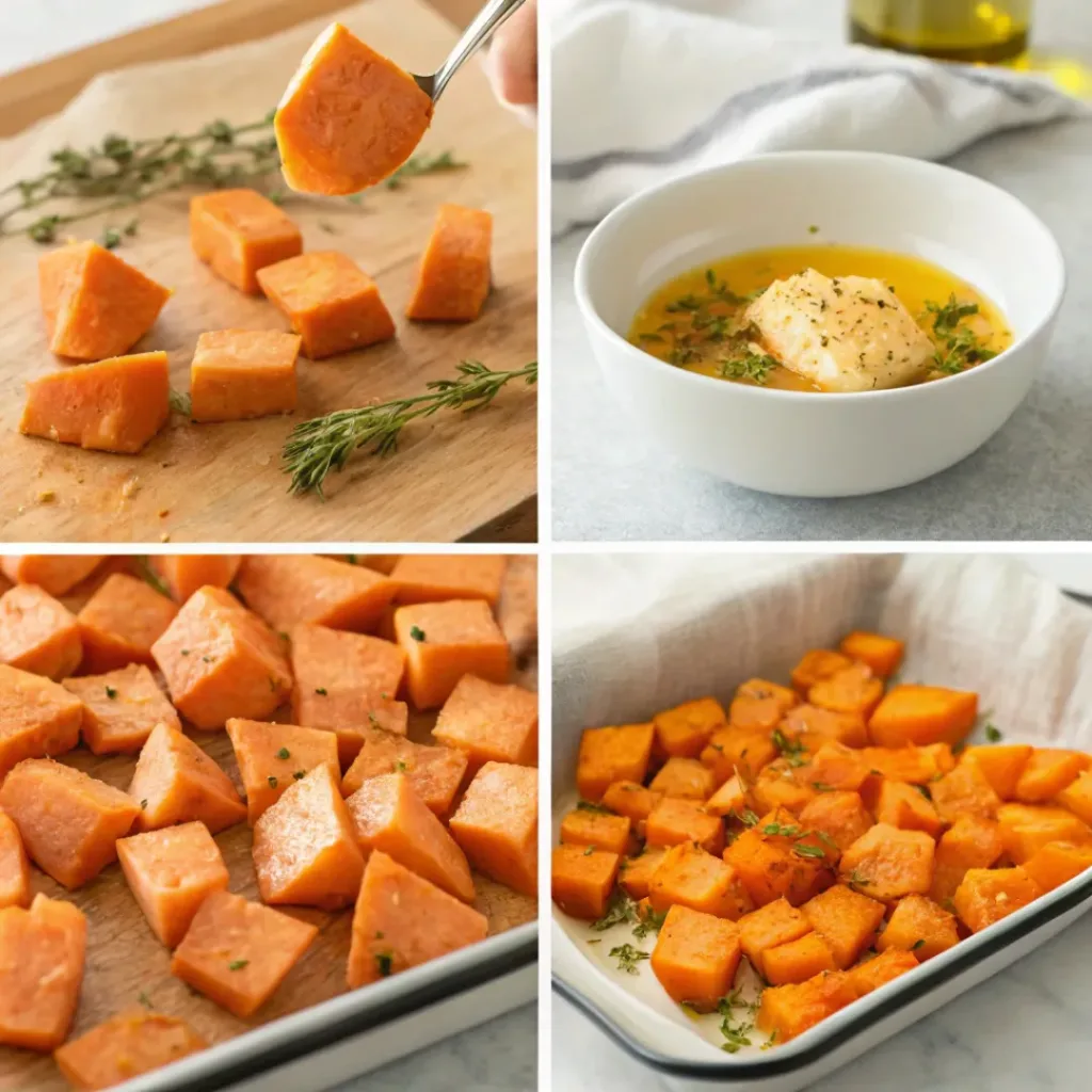Honey Roasted Sweet Potatoes – Sweet & Caramelized 7 Step by step collage showing honey roasted sweet potatoes preparation