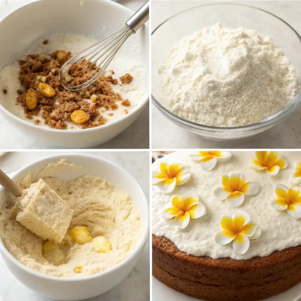 Step-by-step collage showing preparation of Hummingbird cake with layers and frosting
