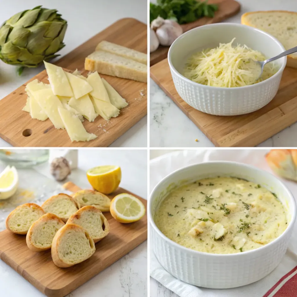 Lemon Artichoke Dip – Creamy, Bright & Crowd-Pleasing 7 Step-by-step collage of mixing and baking artichoke dip