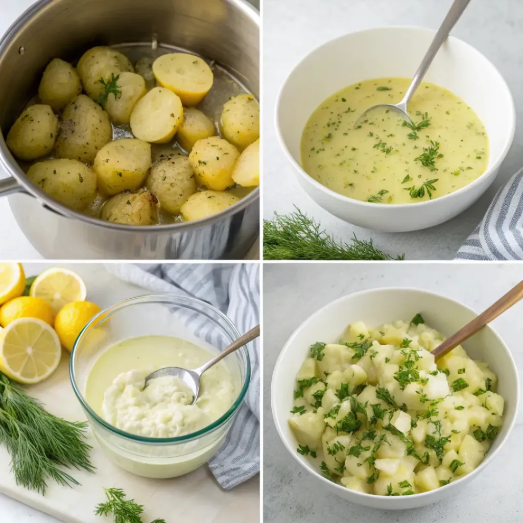 Step-by-step collage showing preparation of lemon dill potato salad