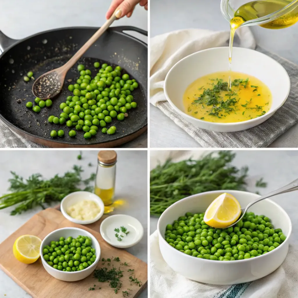 Lemon Herb Peas – Bright, Fresh & Easy 7 Step by step collage showing lemon herb peas preparation