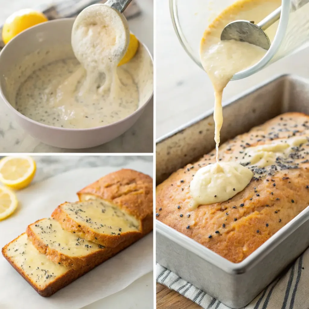 Four step collage showing mixing batter, adding poppy seeds, baking, and glazing loaf