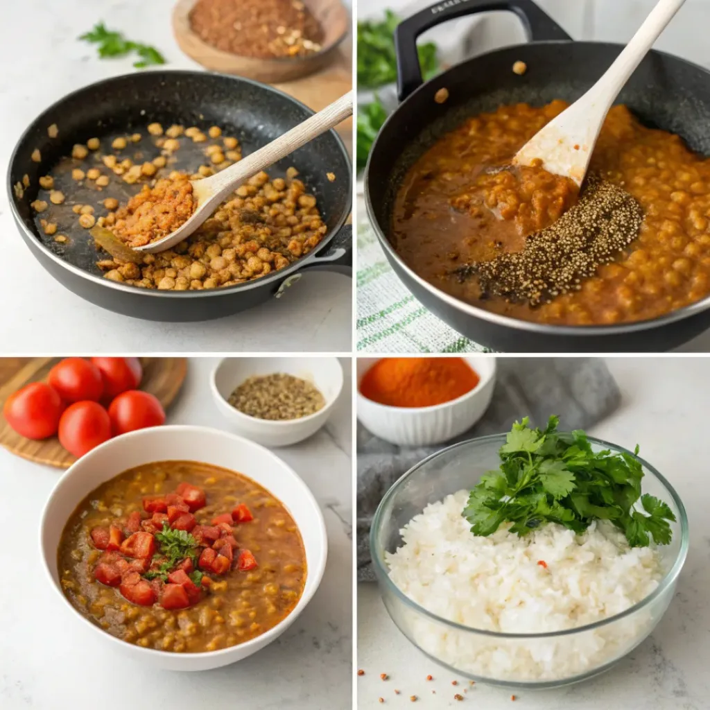 Step-by-step collage showing preparation of lentil curry