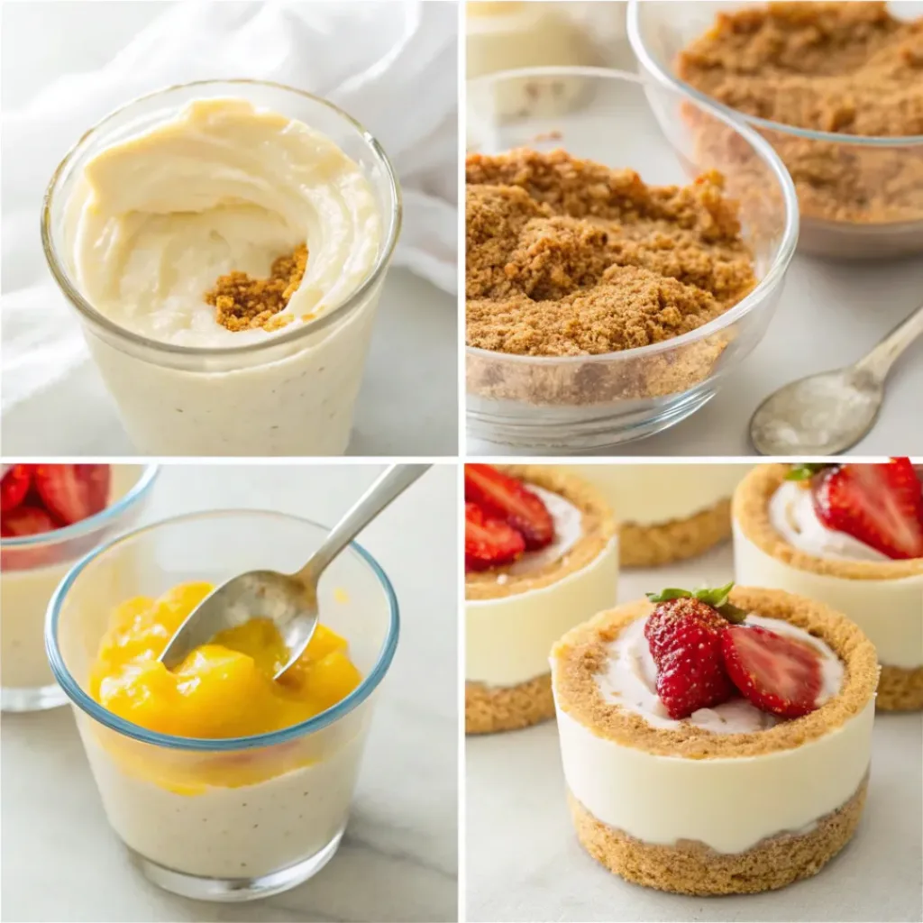 Four step collage showing crust preparation, mixing filling, layering cups, and topping