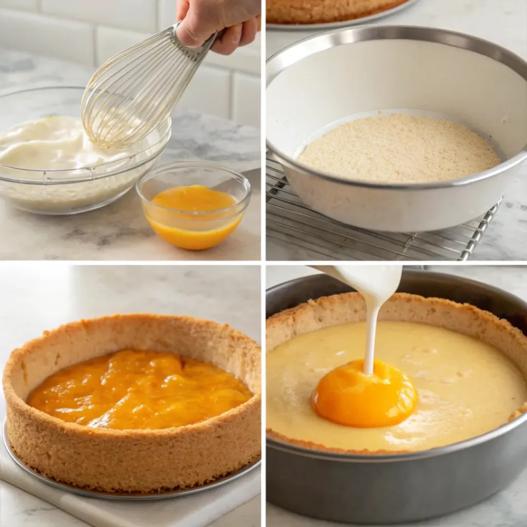 Step-by-step collage showing preparation of orange cheesecake from batter to glazed cake