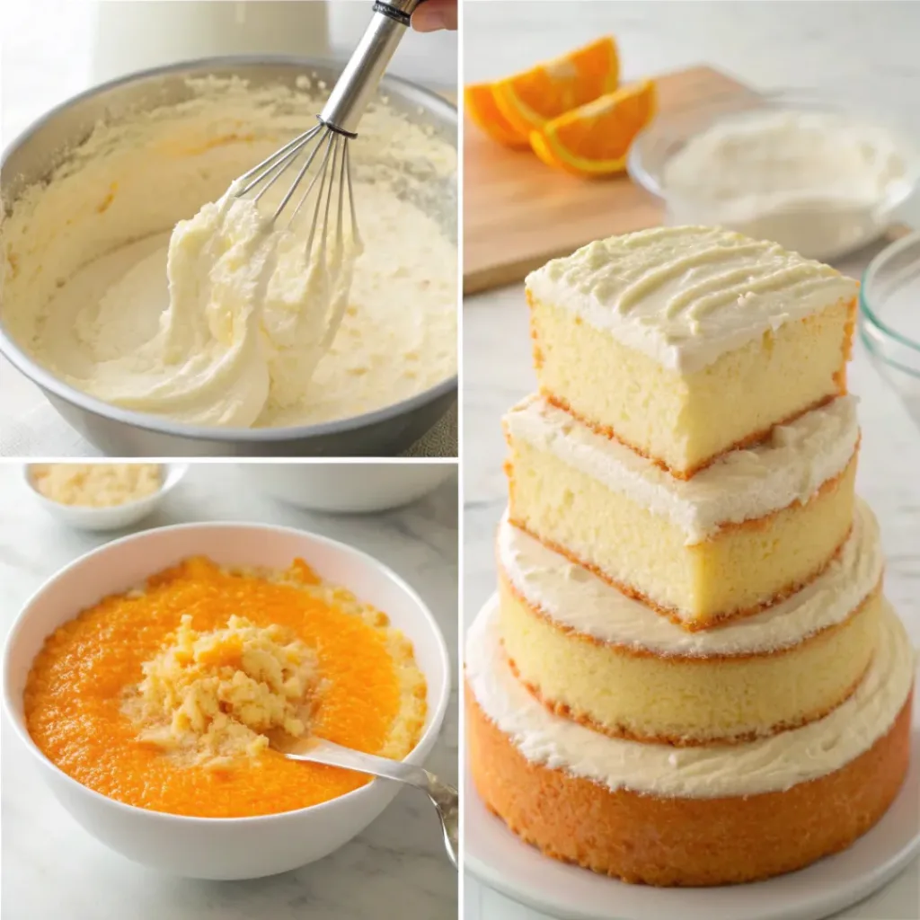 Step-by-step collage showing preparation of orange creamsicle cake