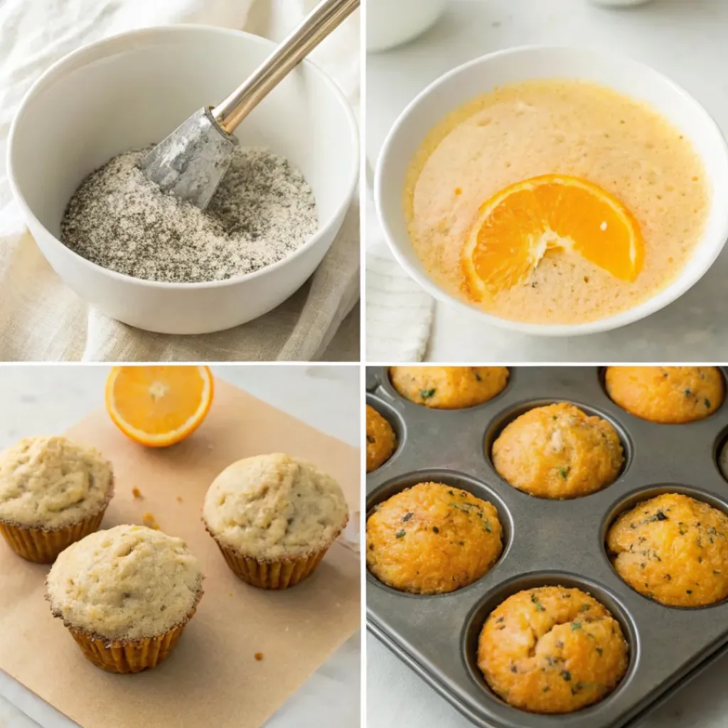 Step-by-step collage showing preparation of orange poppy seed muffins