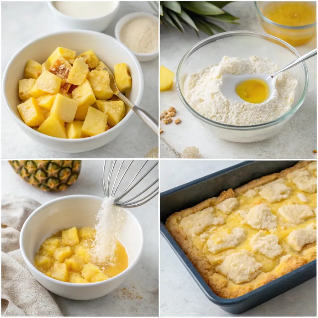 Step-by-step collage showing preparation of pineapple cobbler