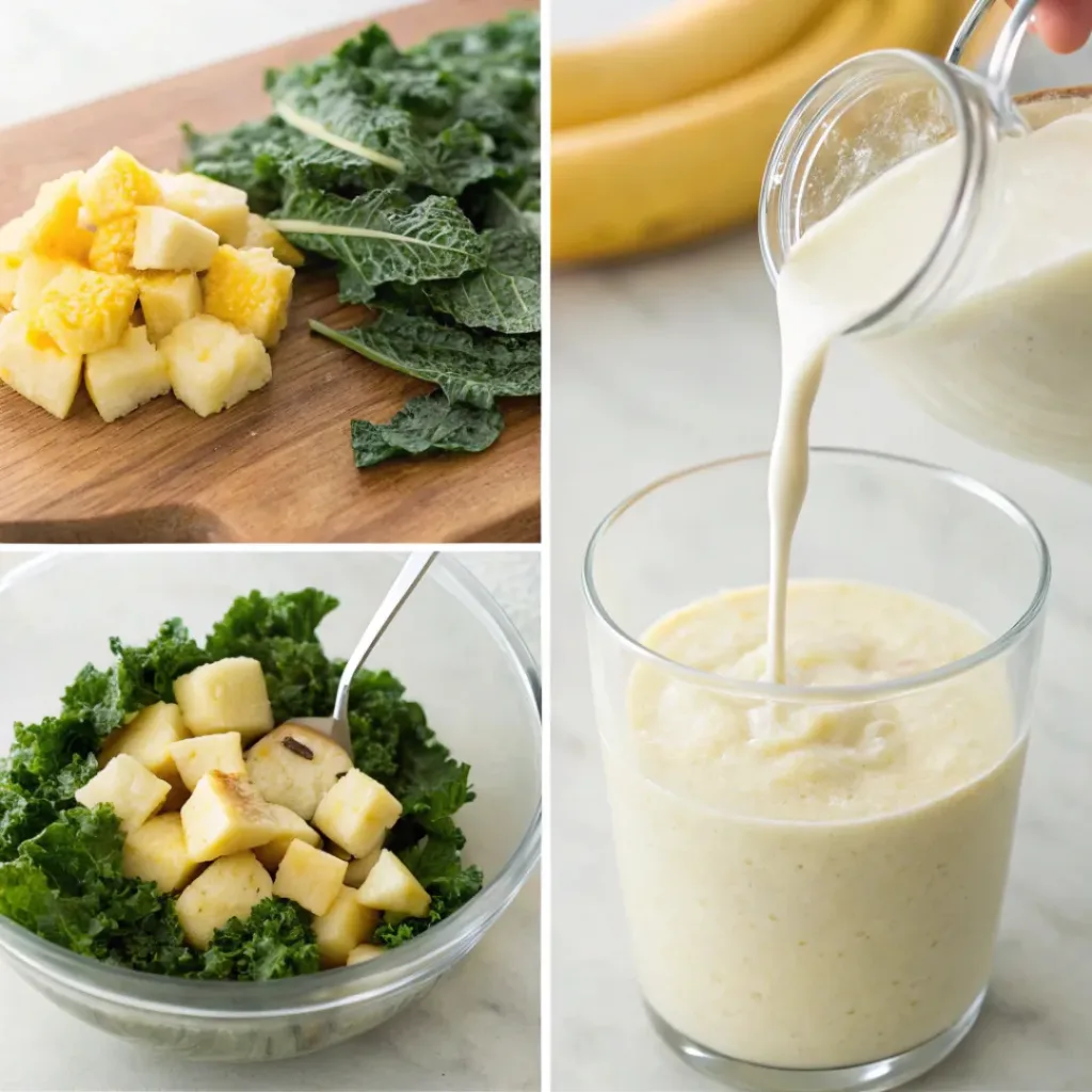 Four step collage showing adding ingredients, blending, and pouring smoothie