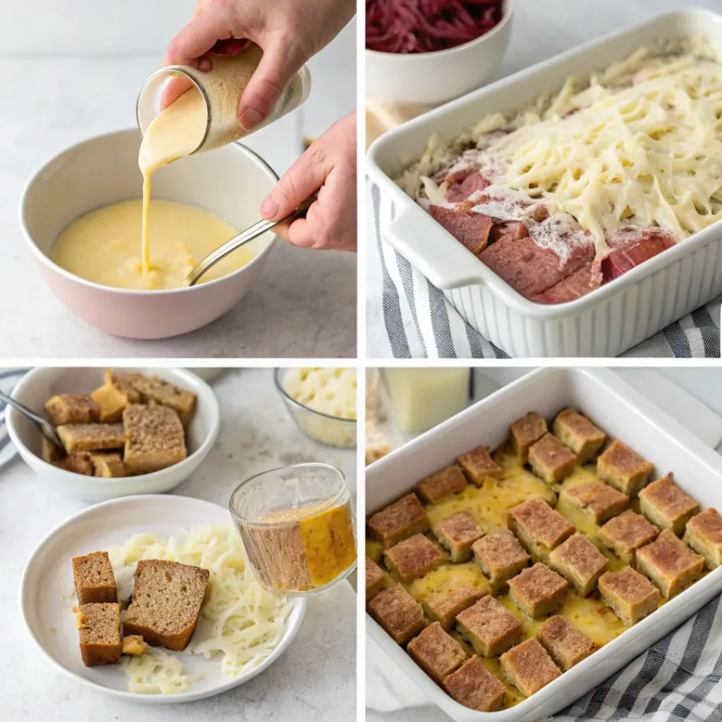 Step by step collage showing how to assemble a Reuben casserole