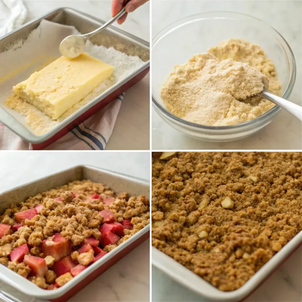 Step-by-step collage showing preparation of rhubarb crumble bars
