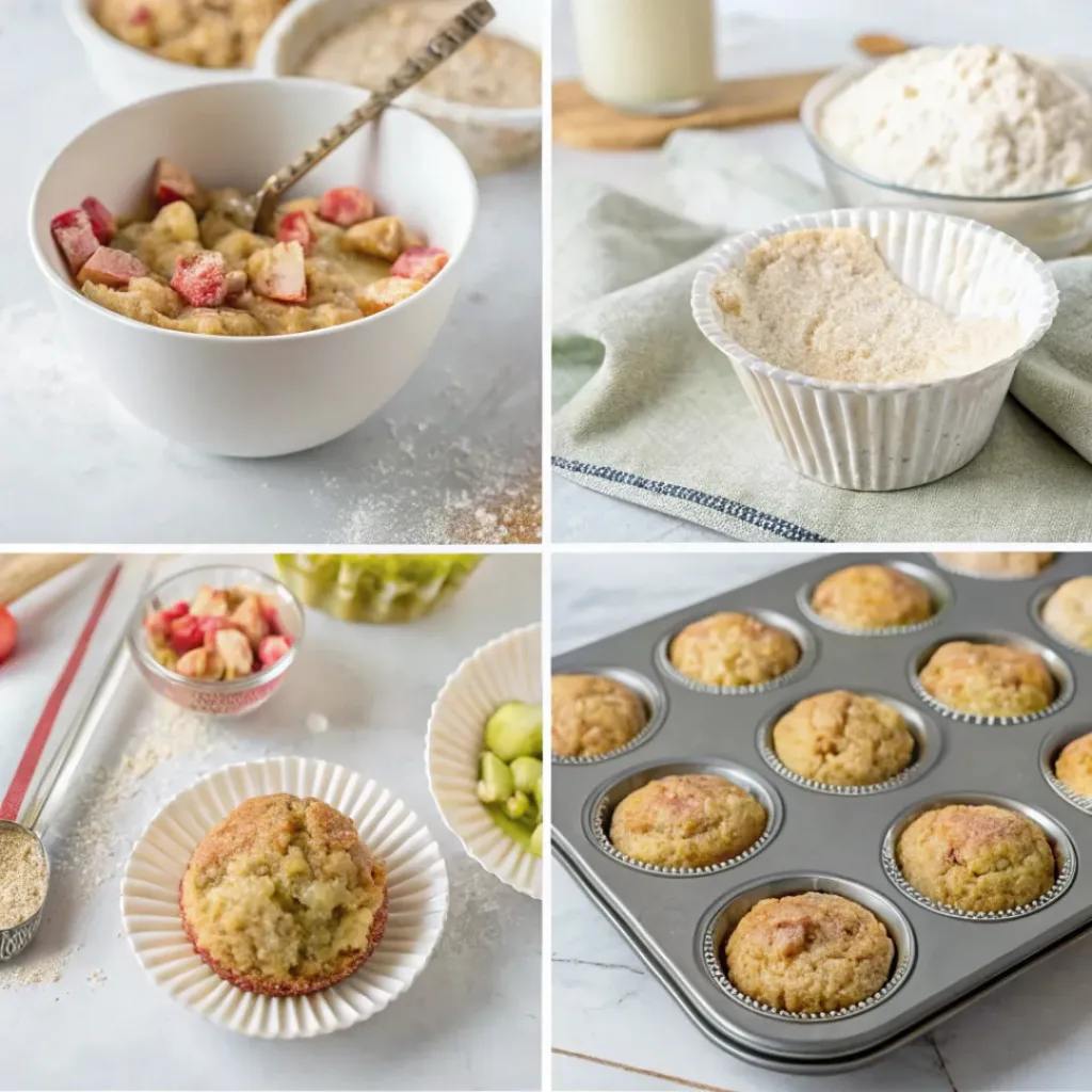 Step-by-step collage showing preparation of rhubarb muffins
