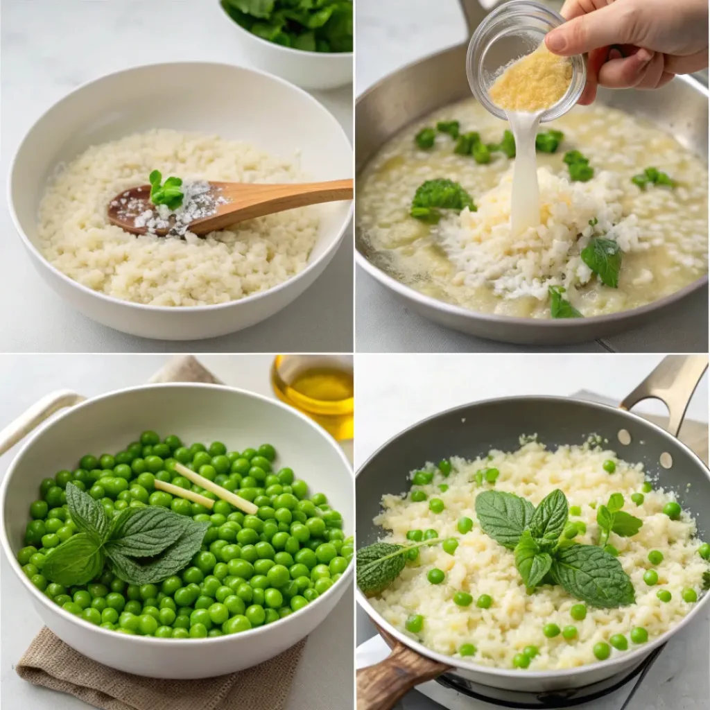 Step-by-step collage showing preparation of creamy risotto with green peas and mint