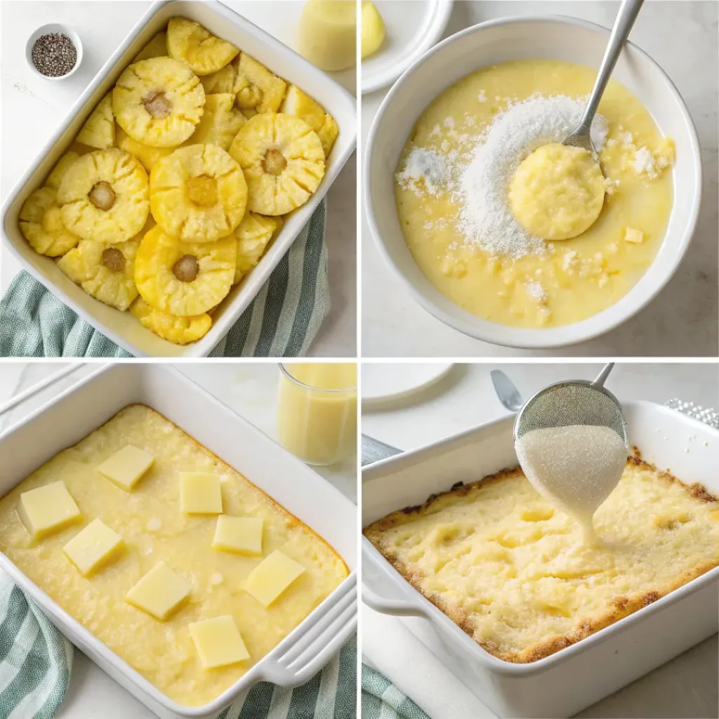 Step-by-step collage showing preparation of scalloped pineapple casserole