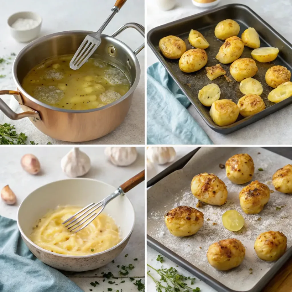 Step-by-step collage showing preparation of smashed potatoes