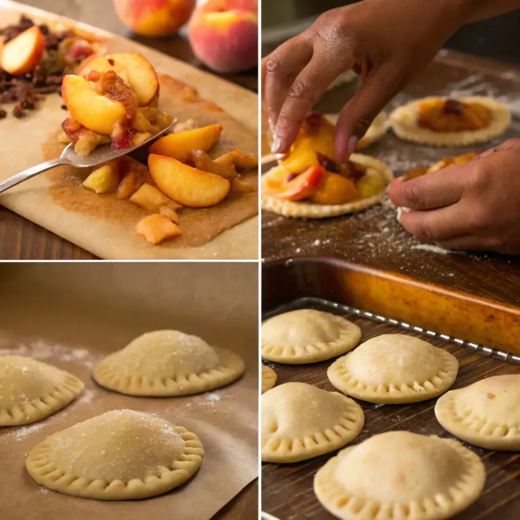 Four step collage showing preparing peaches, making filling, assembling pies, and baking