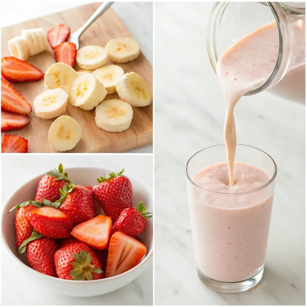 Four step collage showing cutting fruit, blending, and pouring smoothie