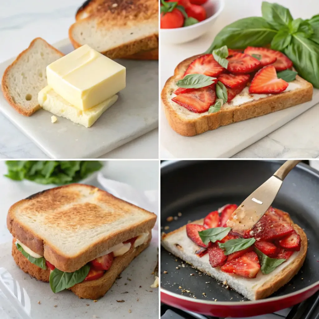 Step-by-step collage showing assembling and grilling strawberry basil grilled cheese