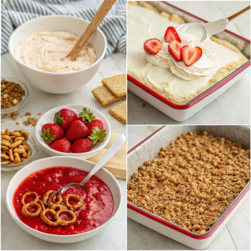 Step-by-step collage showing layered preparation of strawberry pretzel salad