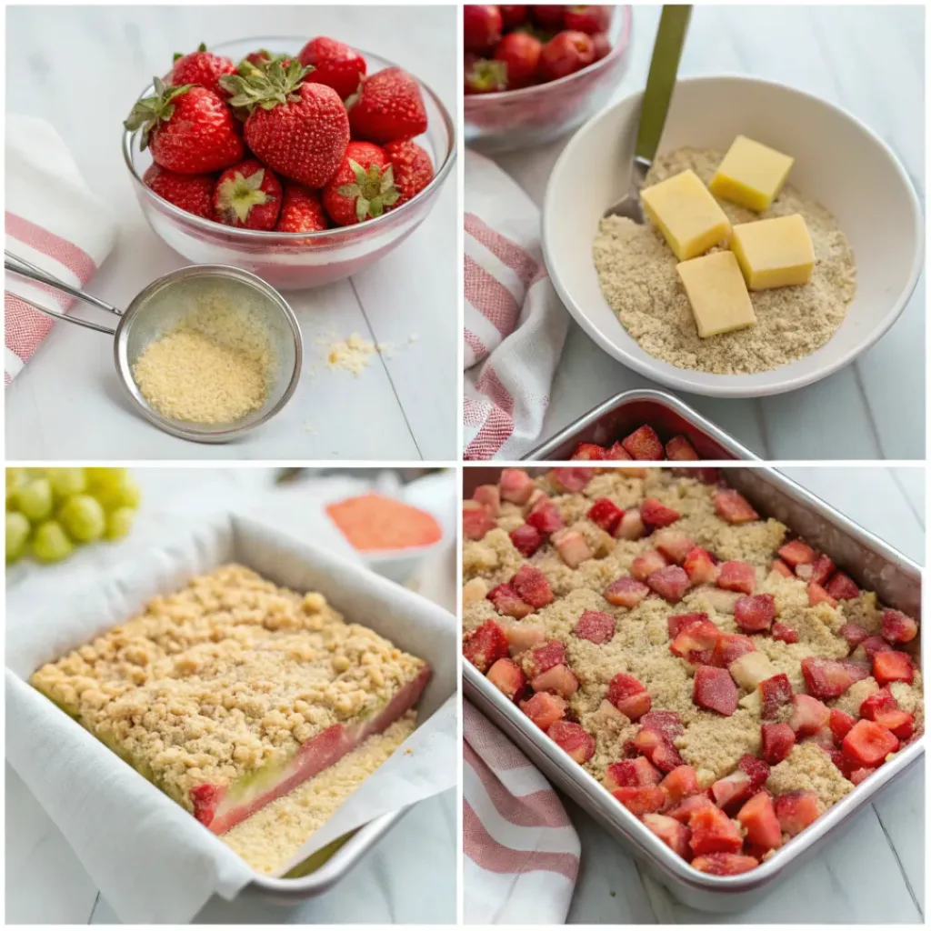 Step-by-step collage showing preparation of strawberry rhubarb bars