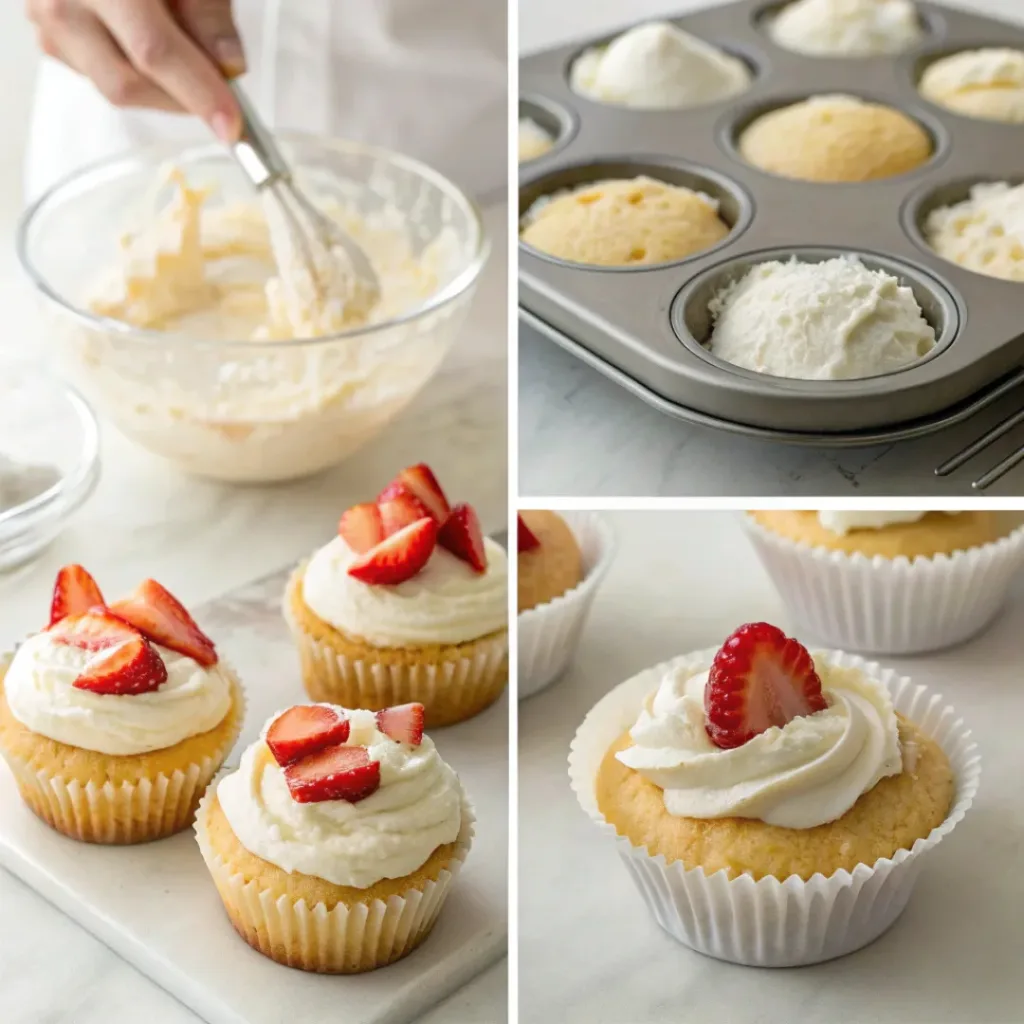 Step-by-step collage showing preparation of strawberry shortcake cupcakes