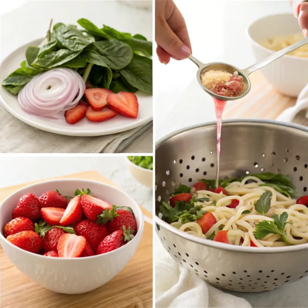Four step collage showing cooking pasta, slicing ingredients, mixing dressing, and combining salad